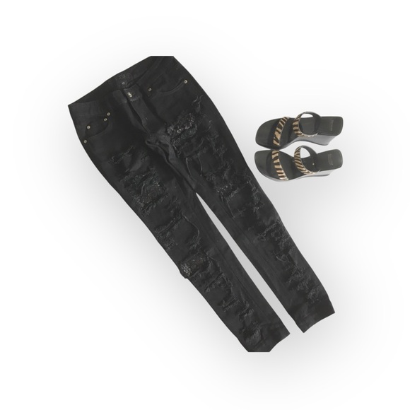 LF Carmar ❉ Skinny Shredded Rips Stretch Jeans ❉ Lace Patches ❉ Jet Black ❉ 25 ❉ - Picture 12 of 16